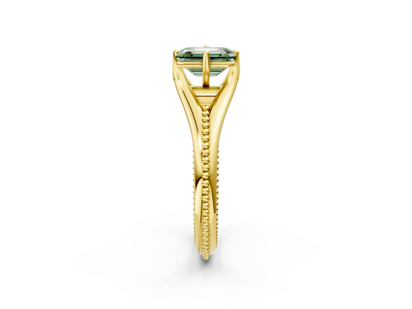 Yellow gold Fancy Green Emerald  Solitaire Beaded Band Six-Prong Setting