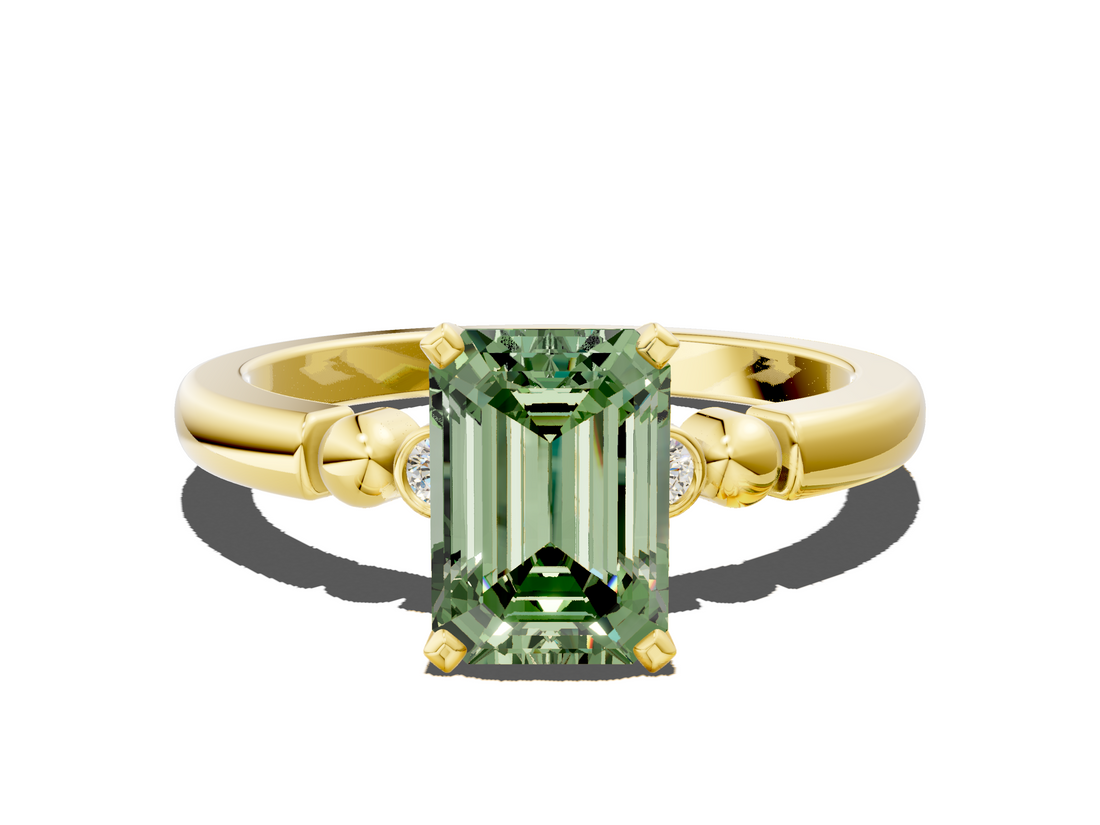 Yellow gold Fancy Green Emerald  Solitaire Beaded Band with Four-Prong Setting_44