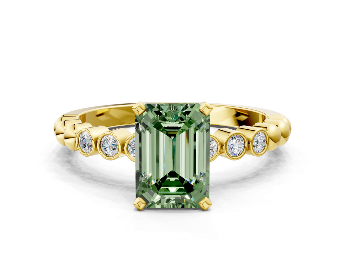 Yellow gold Fancy Green Emerald  Solitaire Bezel Accent Diamond Engagement Ring with Beaded Band and Four-Prong Setting_54