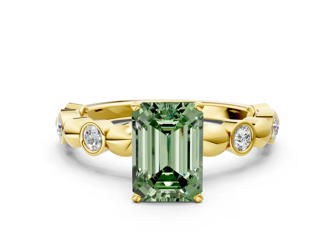 Yellow gold Fancy Green Emerald  Solitaire Bezel-Set Diamond Ring with Beaded Band and Four-Prong Setting_32