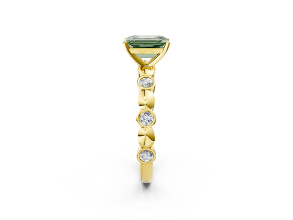 Yellow Gold Emerald Cut Engagement Ring Setting for Fancy Green Center with Bezel Stations