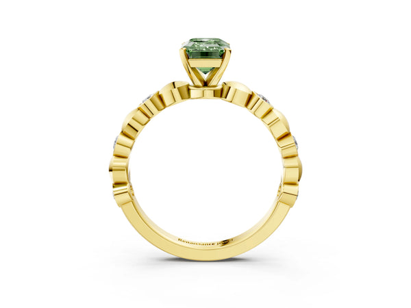 Yellow Gold Emerald Cut Engagement Ring Setting for Fancy Green Center with Bezel Stations