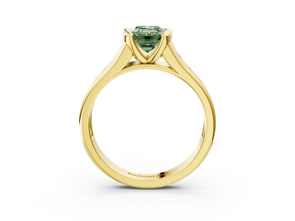 Yellow gold Fancy Green Emerald  Solitaire Bezel-Set Diamond Ring with Channel-Set Band