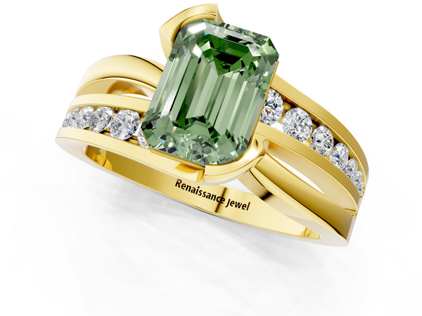 Yellow gold Fancy Green Emerald  Solitaire Channel-Set Split Shank Ring with Tension Prong Setting