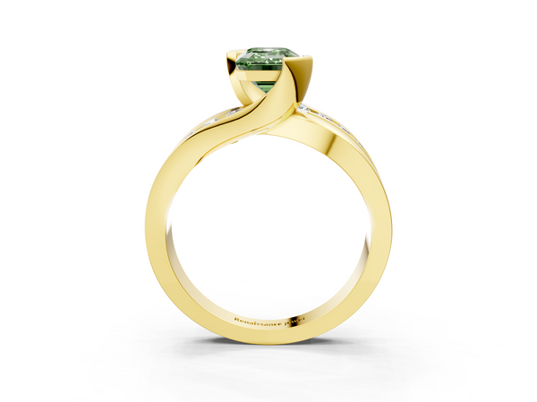 Yellow gold Fancy Green Emerald  Solitaire Channel-Set Split Shank Ring with Tension Prong Setting
