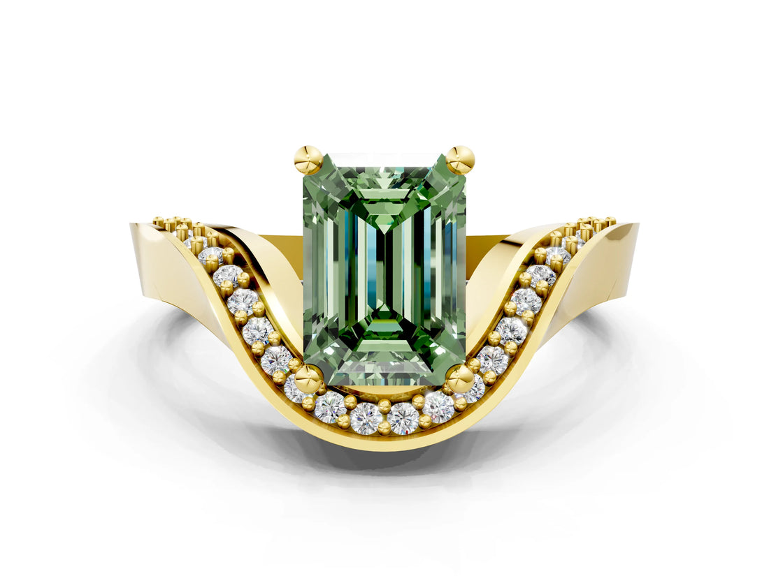 Yellow gold Fancy Green Emerald  Solitaire Diamond Engagement Ring with Pave Band and Four-Prong Setting