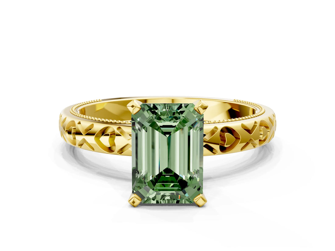 Yellow gold Fancy Green Emerald  Solitaire Diamond Engagement Ring with XO Engraved Band and Four-Prong Setting 1