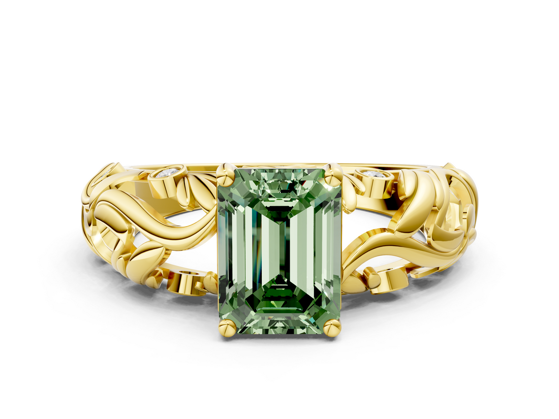 Yellow gold Fancy Green Emerald  Solitaire Diamond Leaf Vine Band with Prong Setting_44