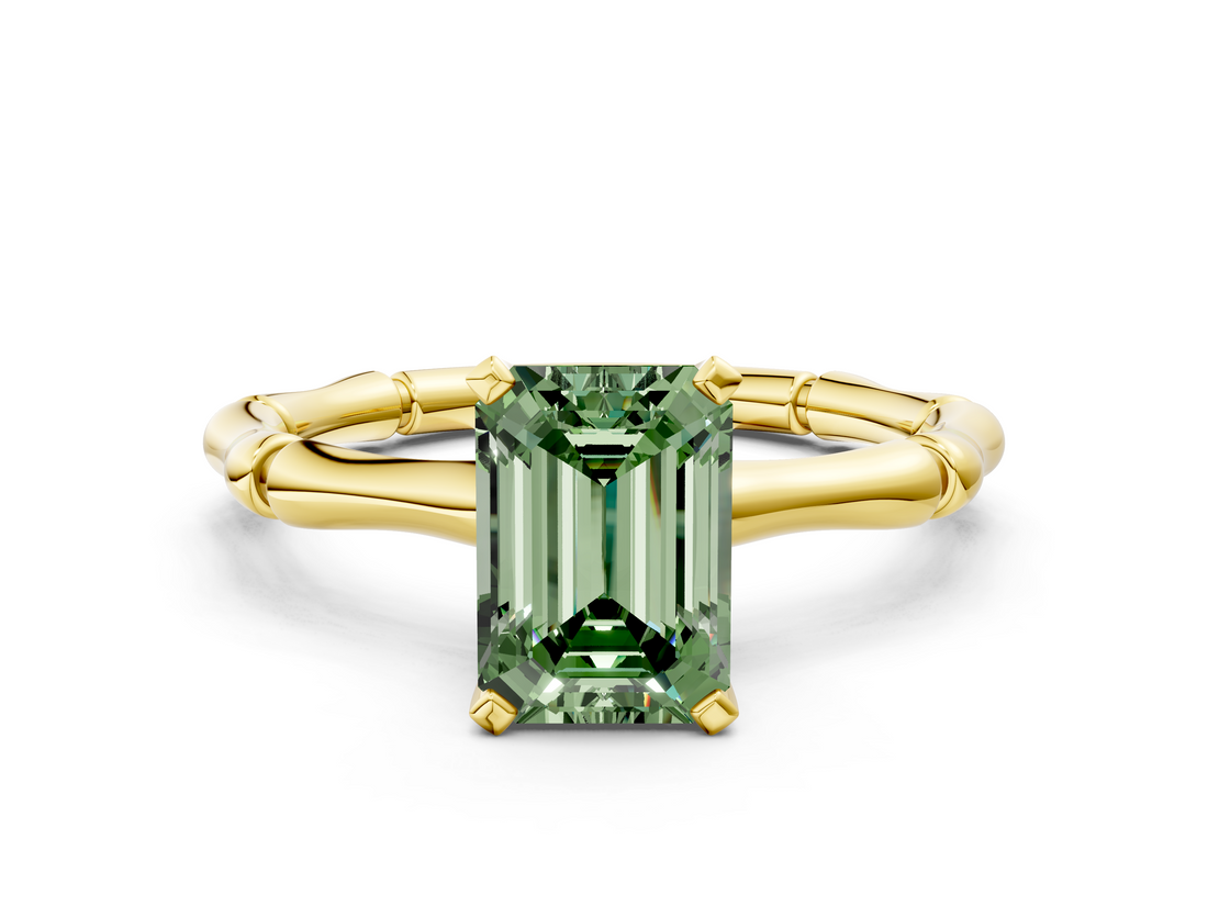 Yellow gold Fancy Green Emerald  Solitaire Diamond Ring with Bamboo Band and Four-Prong Setting_68