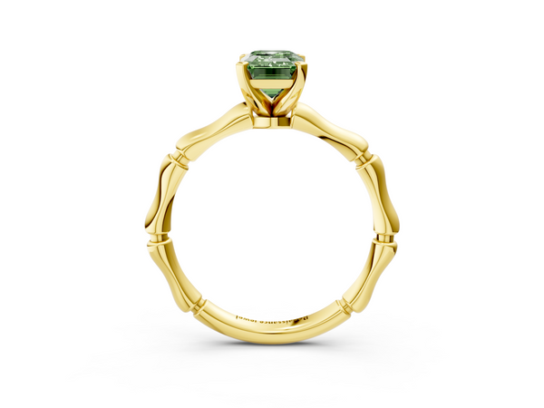 Yellow Gold Emerald Cut Solitaire Engagement Ring Setting for Fancy Green Center with Bamboo Band