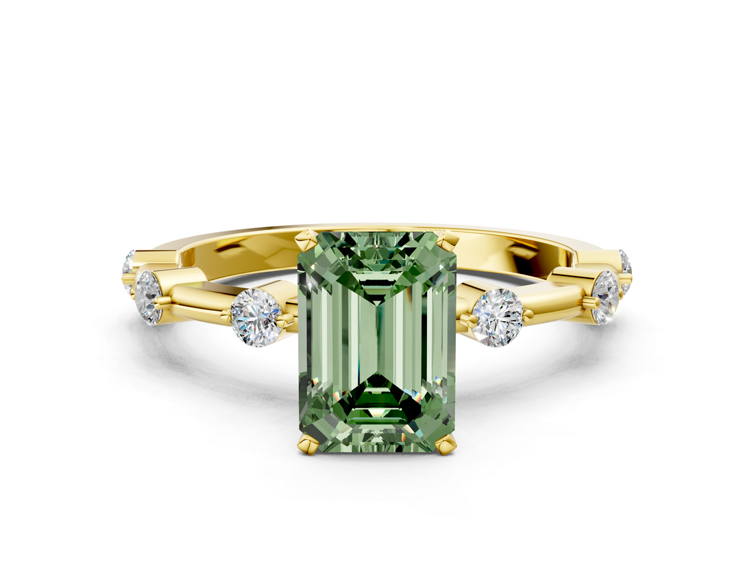 Yellow gold Fancy Green Emerald  Solitaire Diamond Ring with Bezel Set Side Stones and Prong Setting_3