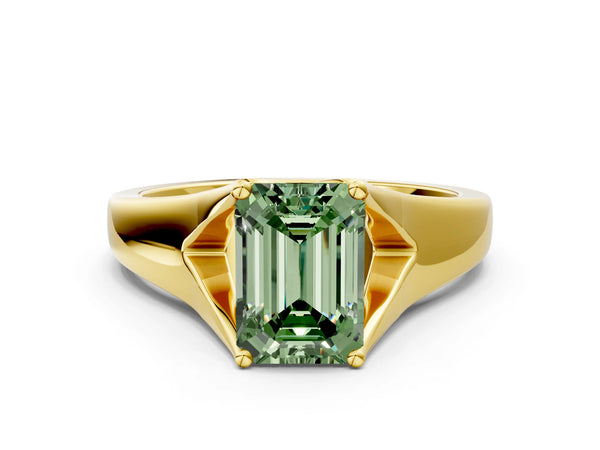 Yellow gold Fancy Green Emerald  Solitaire Diamond Ring with Cathedral Band and Four-Prong Setting