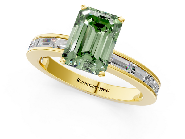 Yellow gold Fancy Green Emerald  Solitaire Diamond Ring with Channel-Set Baguette Band and Four-Prong Setting