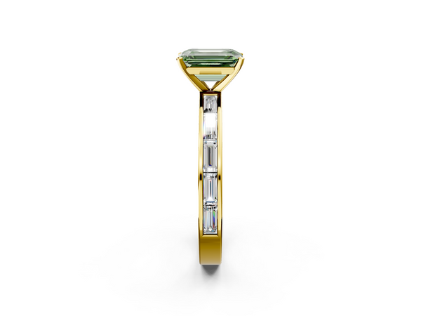Yellow gold Fancy Green Emerald  Solitaire Diamond Ring with Channel-Set Baguette Band and Four-Prong Setting