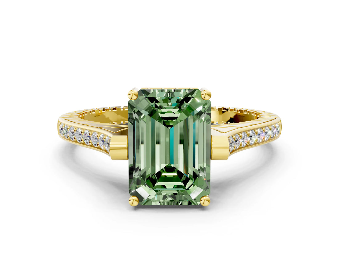 Yellow gold Fancy Green Emerald  Solitaire Diamond Ring with Channel Set Band and Bezel Prong Setting_56