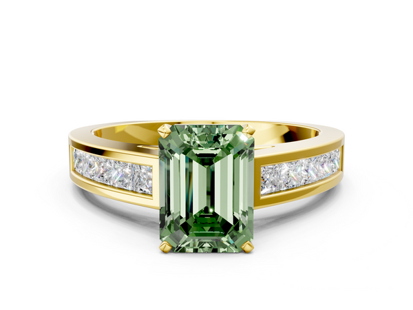 Yellow gold Fancy Green Emerald  Solitaire Diamond Ring with Channel-Set Band and Four-Prong Setting