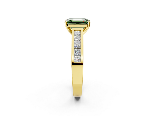 Yellow gold Fancy Green Emerald  Solitaire Diamond Ring with Channel-Set Band and Four-Prong Setting