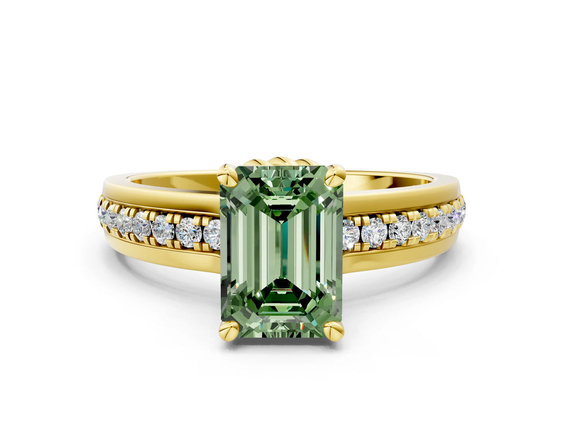Yellow gold Fancy Green Emerald  Solitaire Diamond Ring with Channel Set Band and Six-Prong Setting_48