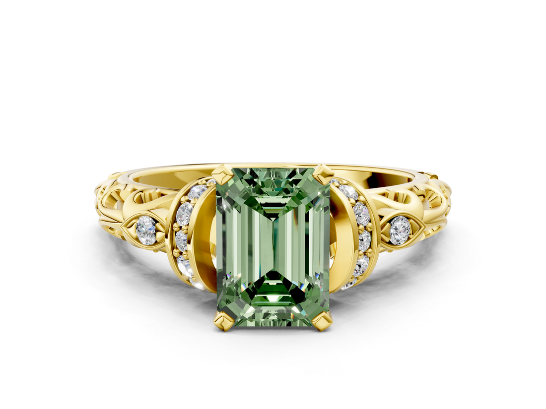 Yellow gold Fancy Green Emerald  Solitaire Diamond Ring with Filigree Band and Four-Prong Setting_59