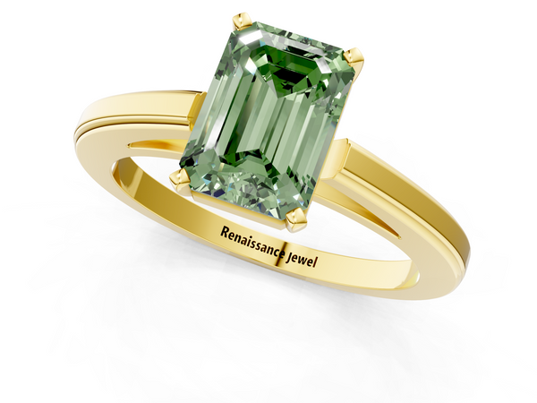 Yellow gold Fancy Green Emerald  Solitaire Diamond Ring with Four-Prong Setting and Classic Band
