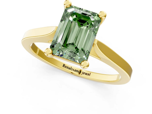 Yellow gold Fancy Green Emerald  Solitaire Diamond Ring with Four-Prong Setting and Tapered Band