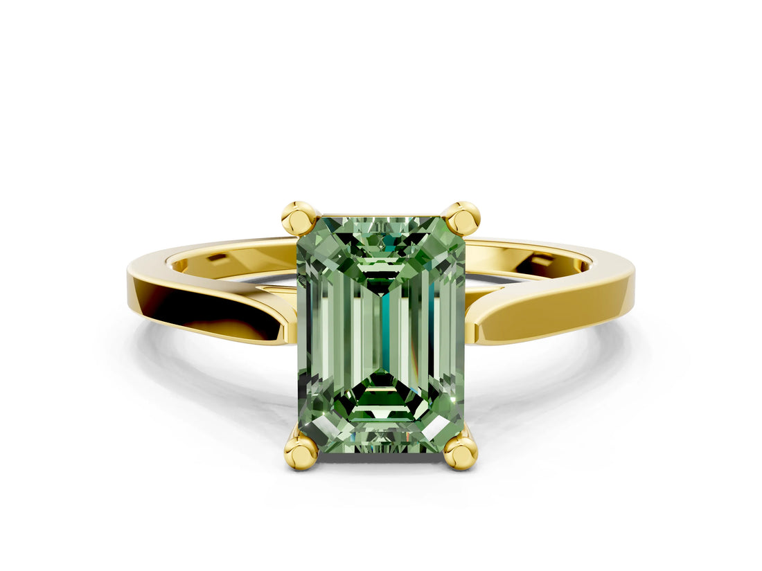 Yellow gold Fancy Green Emerald  Solitaire Diamond Ring with Four-Prong Setting and Tapered Band