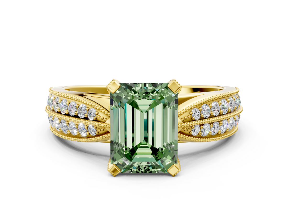 Yellow gold Fancy Green Emerald  Solitaire Diamond Ring with Milgrain Pavé Band and Four-Prong Setting_36