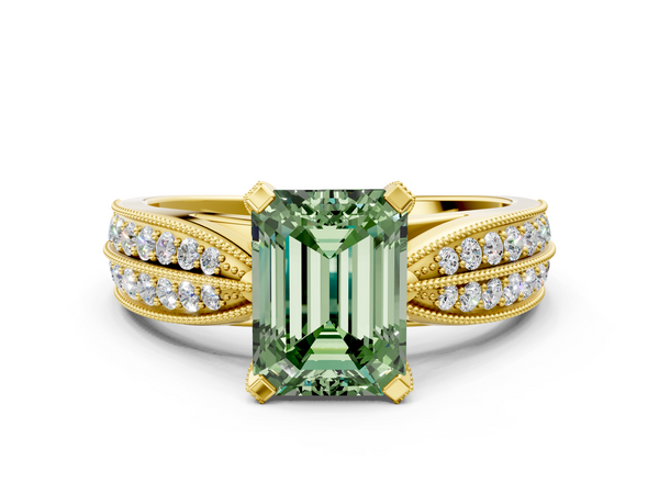 Yellow gold Fancy Green Emerald  Solitaire Diamond Ring with Milgrain Pavé Band and Four-Prong Setting