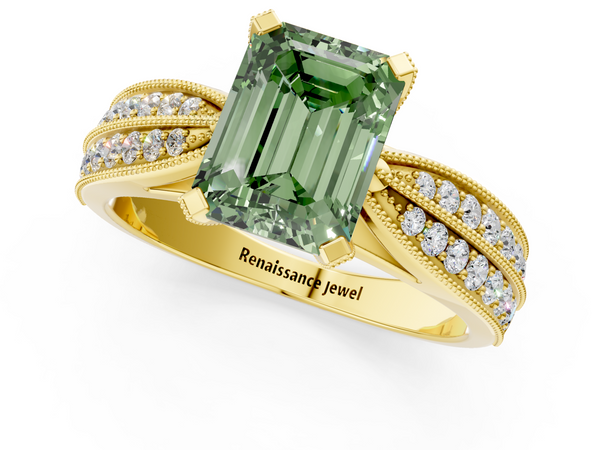 Yellow gold Fancy Green Emerald  Solitaire Diamond Ring with Milgrain Pavé Band and Four-Prong Setting