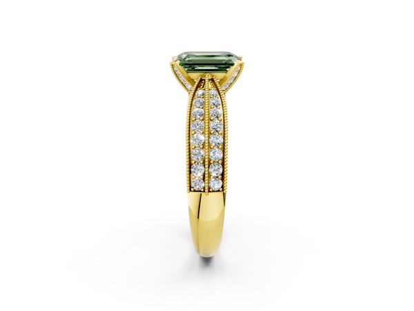 Yellow gold Fancy Green Emerald  Solitaire Diamond Ring with Milgrain Pavé Band and Four-Prong Setting