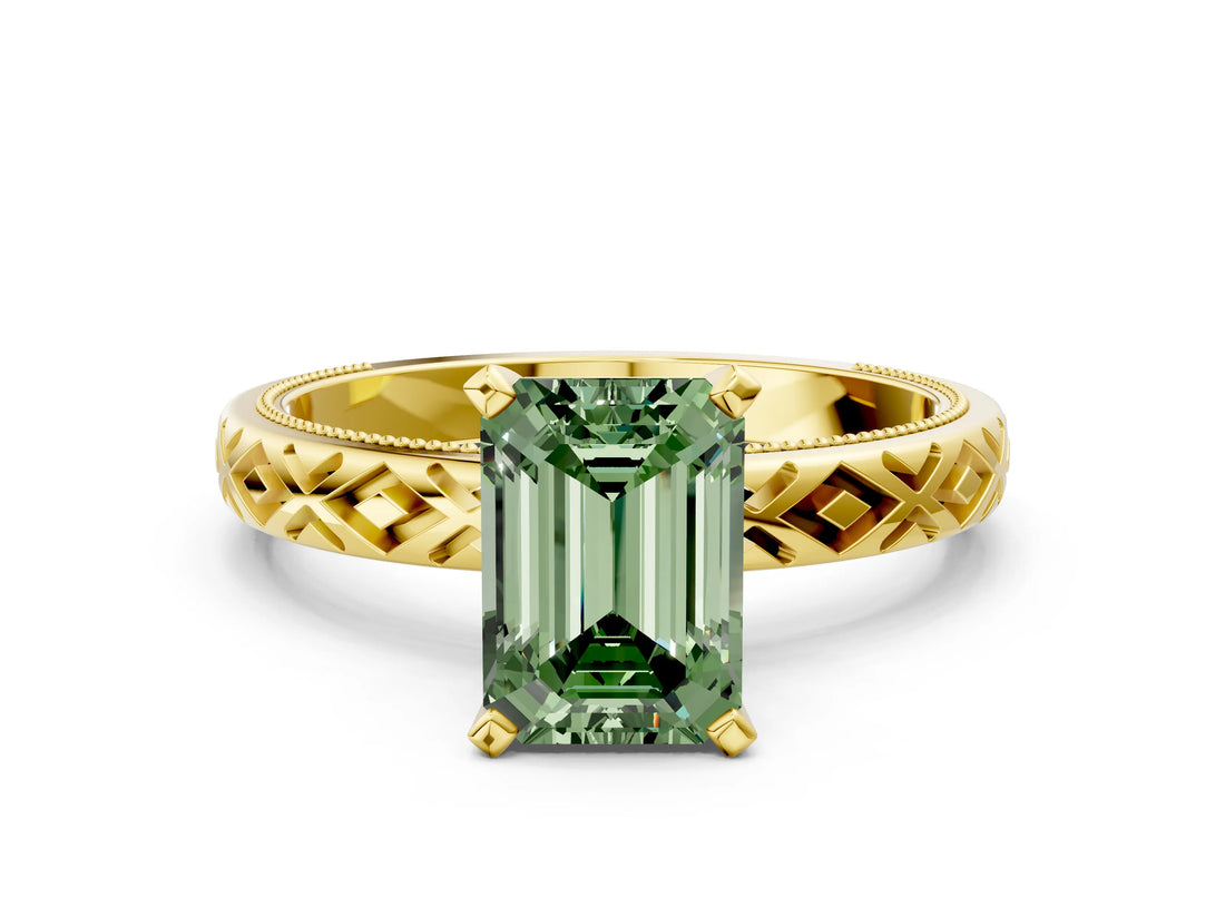 Yellow gold Fancy Green Emerald  Solitaire Diamond Ring with Milgrain and Black Enamel X Pattern Band_108