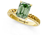 Yellow gold Fancy Green Emerald  Solitaire Diamond Ring with Milgrain and Black Enamel X Pattern Band_109