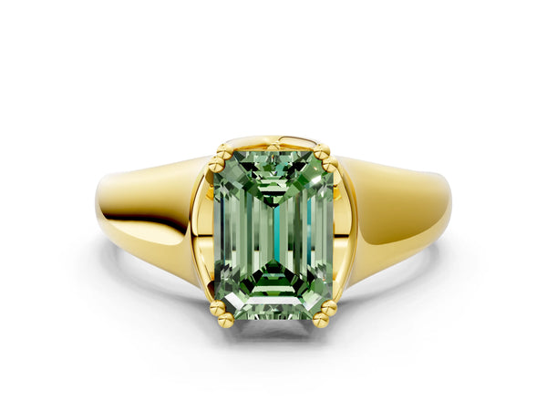 Yellow gold Fancy Green Emerald Cut Diamond Solitaire Ring with Wide Band and Prong Setting