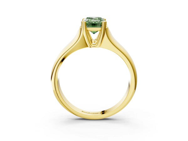 Yellow gold Fancy Green Emerald Cut Diamond Solitaire Ring with Wide Band and Prong Setting