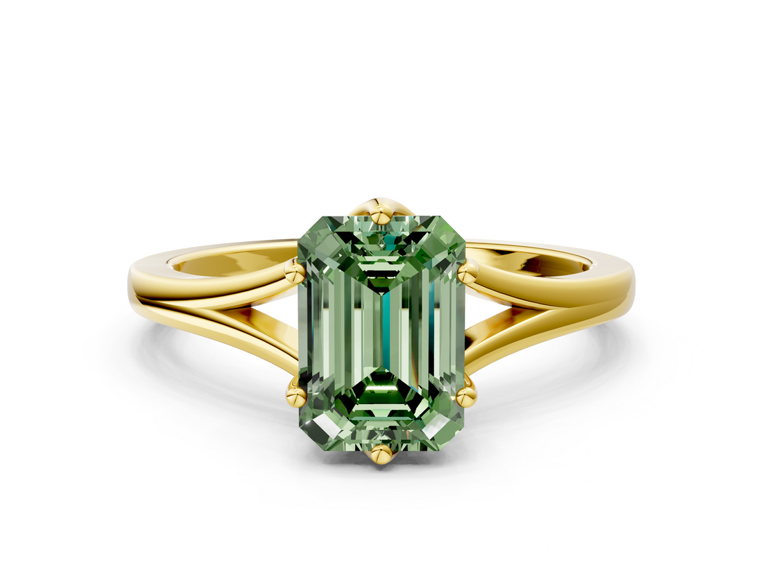 Yellow gold Fancy Green Emerald  Solitaire Diamond Ring with Six-Prong Setting and Tapered Band_16