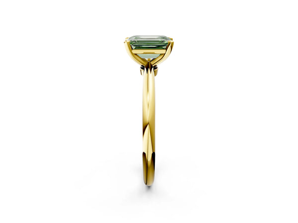 Yellow gold Fancy Green Emerald Cut Diamond Solitaire Ring with Six-Prong Setting and Classic Band
