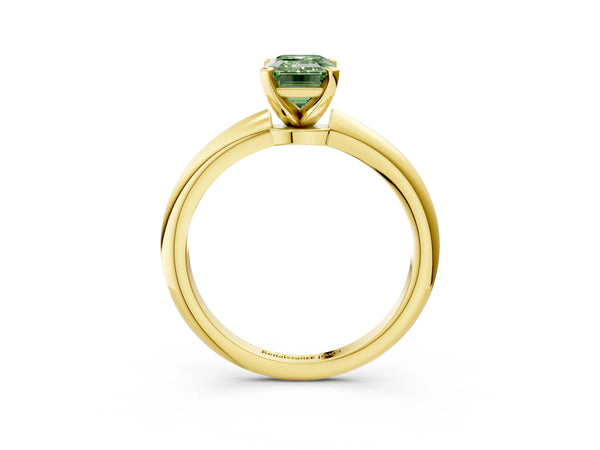 Yellow gold Fancy Green Emerald Cut Diamond Solitaire Ring with Six-Prong Setting and Classic Band