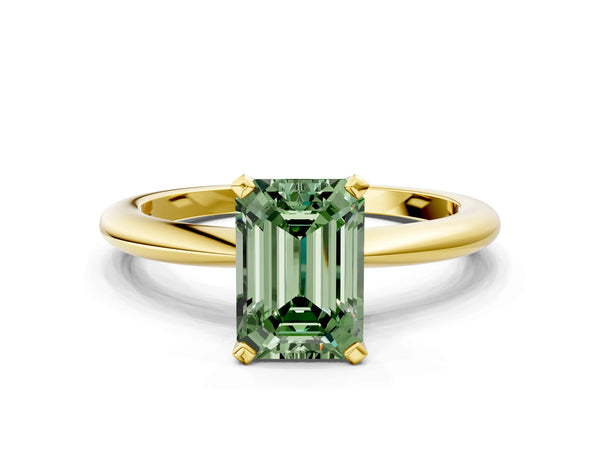 Yellow gold Fancy Green Emerald Cut Diamond Solitaire Ring with Six-Prong Setting and Classic Band