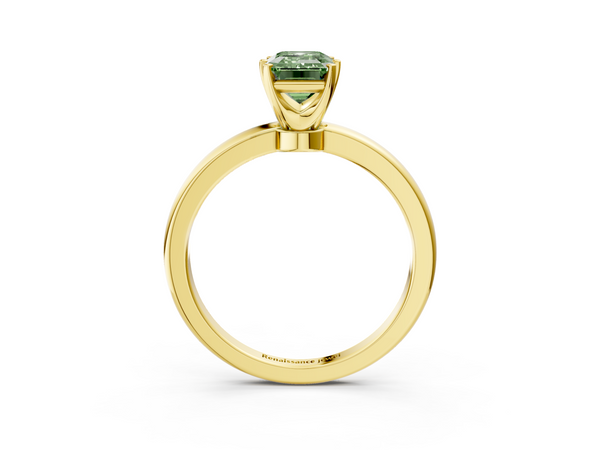 Yellow gold Fancy Green Emerald  Solitaire Diamond Ring with Six-Prong Setting on a Classic Band