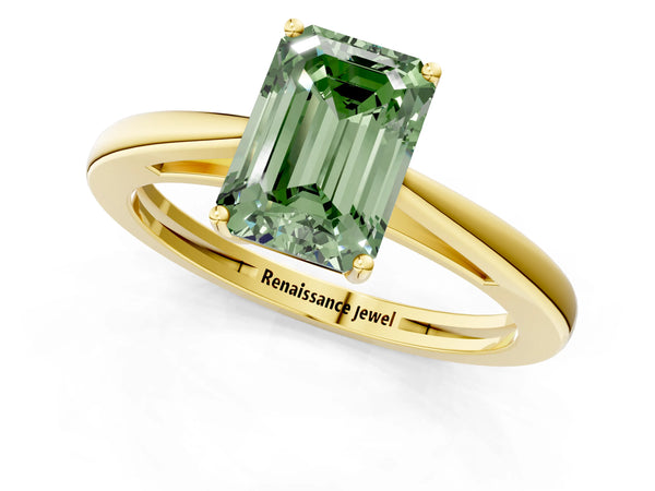Yellow gold Fancy Green Emerald  Solitaire Diamond Ring with Split Shank and Four-Prong Setting