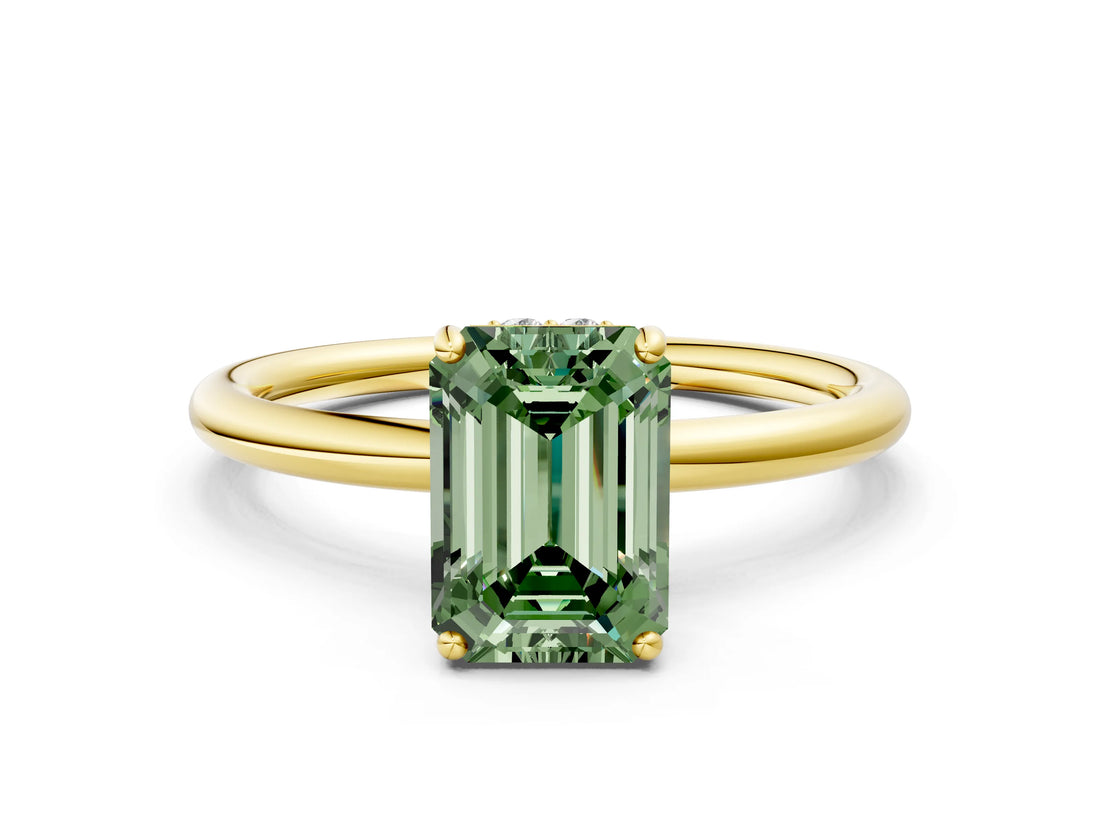 Yellow gold Fancy Green Emerald  Solitaire Diamond Ring with a Classic Band and Four-Prong Setting