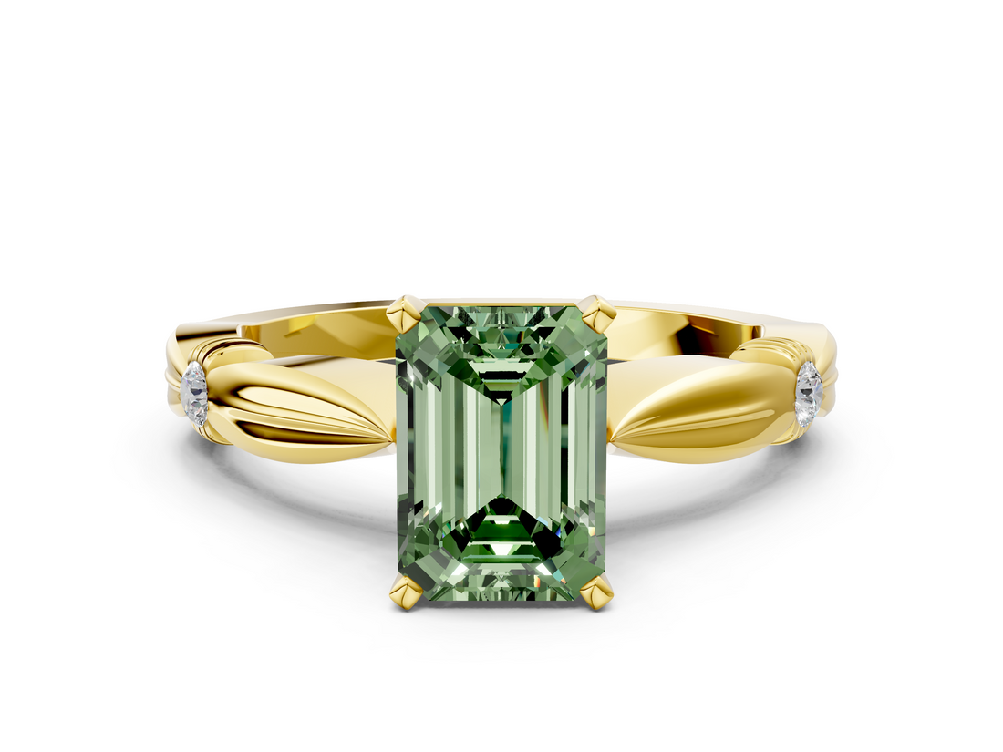 Yellow gold Fancy Green Emerald  Solitaire Diamond Twisted Band with Four-Prong Setting_48