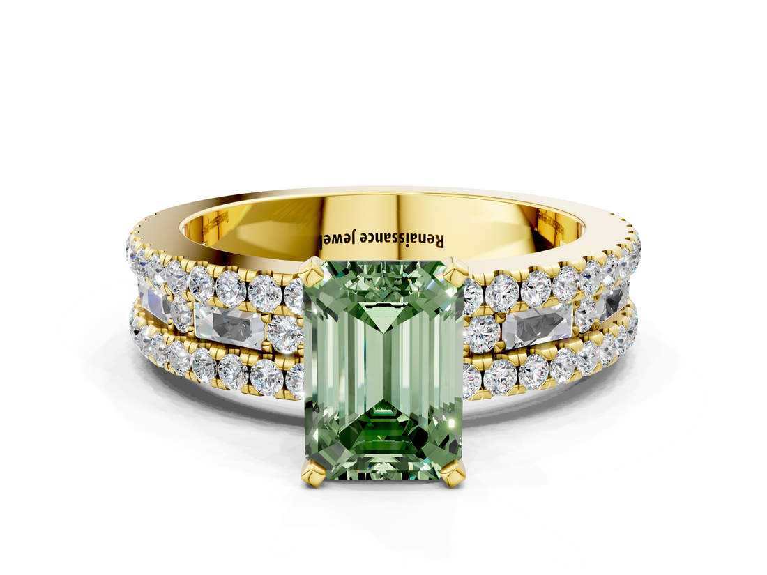 Yellow gold Fancy Green Emerald  Solitaire Diamond with Pave and Channel Set Band_56