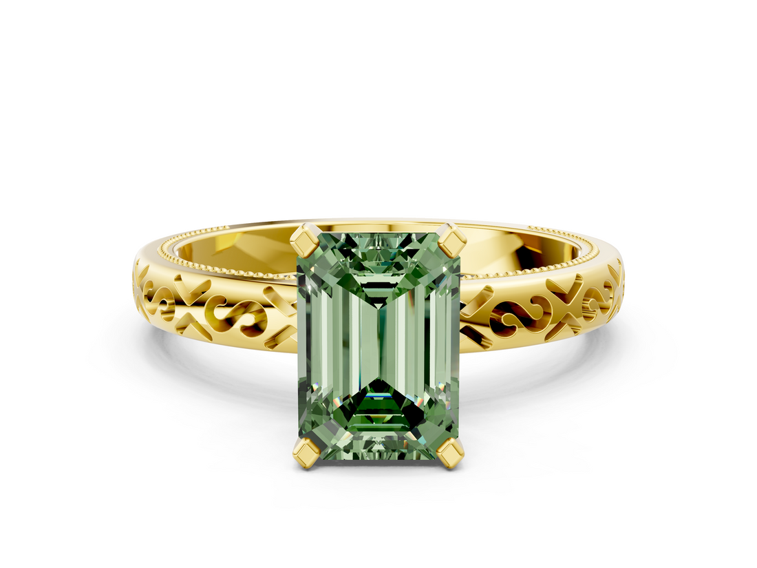 Yellow gold Fancy Green Emerald  Solitaire Engagement Ring with Scrollwork Band and Four-Prong Setting_131