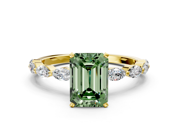 Yellow gold Fancy Green Emerald Cut Diamond Ring with Marquise Side Stones and Prong Setting