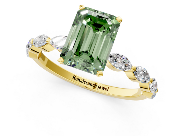 Yellow gold Fancy Green Emerald Cut Diamond Ring with Marquise Side Stones and Prong Setting