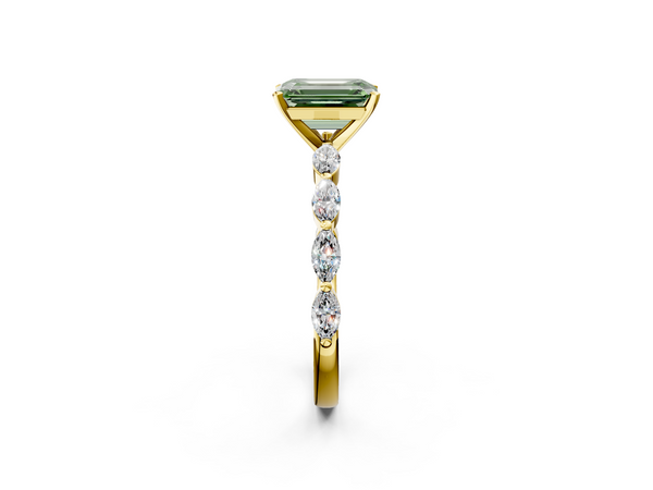Yellow gold Fancy Green Emerald Cut Diamond Ring with Marquise Side Stones and Prong Setting