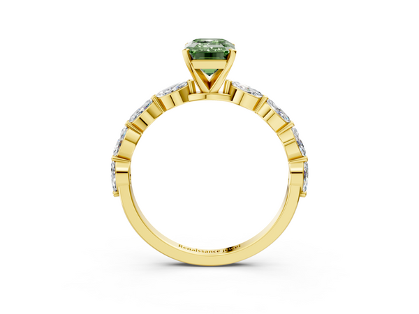 Yellow gold Fancy Green Emerald Cut Diamond Ring with Marquise Side Stones and Prong Setting