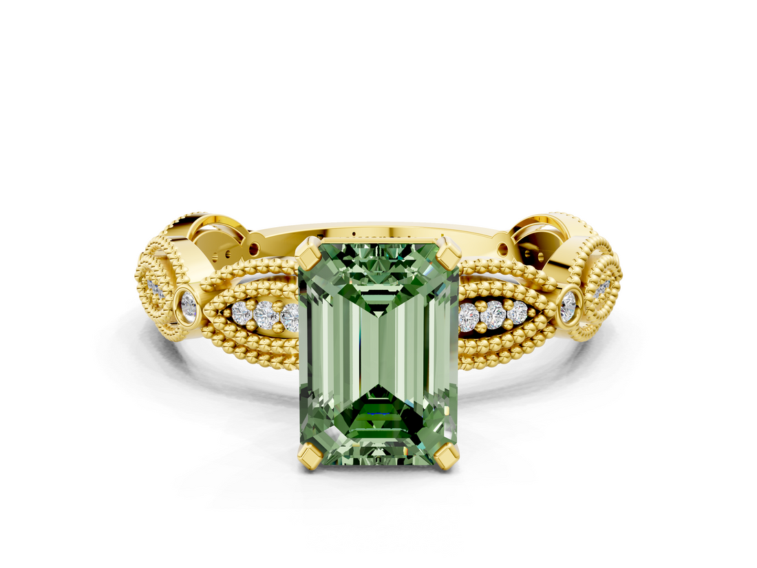 Yellow gold Fancy Green Emerald  Solitaire Milgrain Diamond Engagement Ring with Bezel and Marquise Band_120