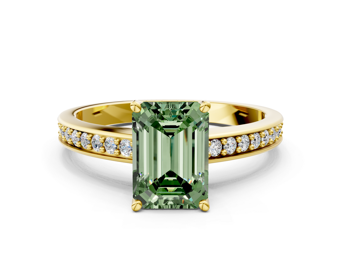 Yellow gold Fancy Green Emerald  Solitaire Pavé Band Prong Setting Ring_20